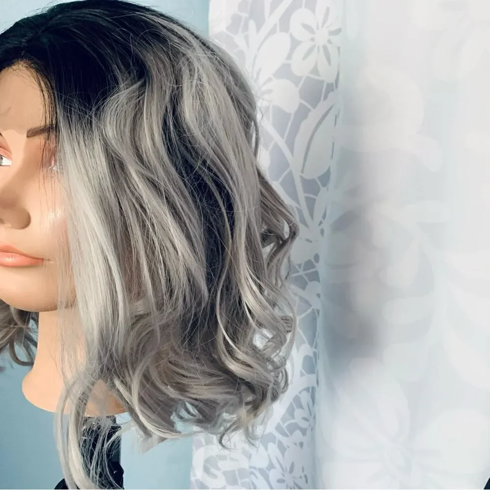 Silver Gray with Dark Roots Lace Front Heat Friendly Synthetic Wig Size Average